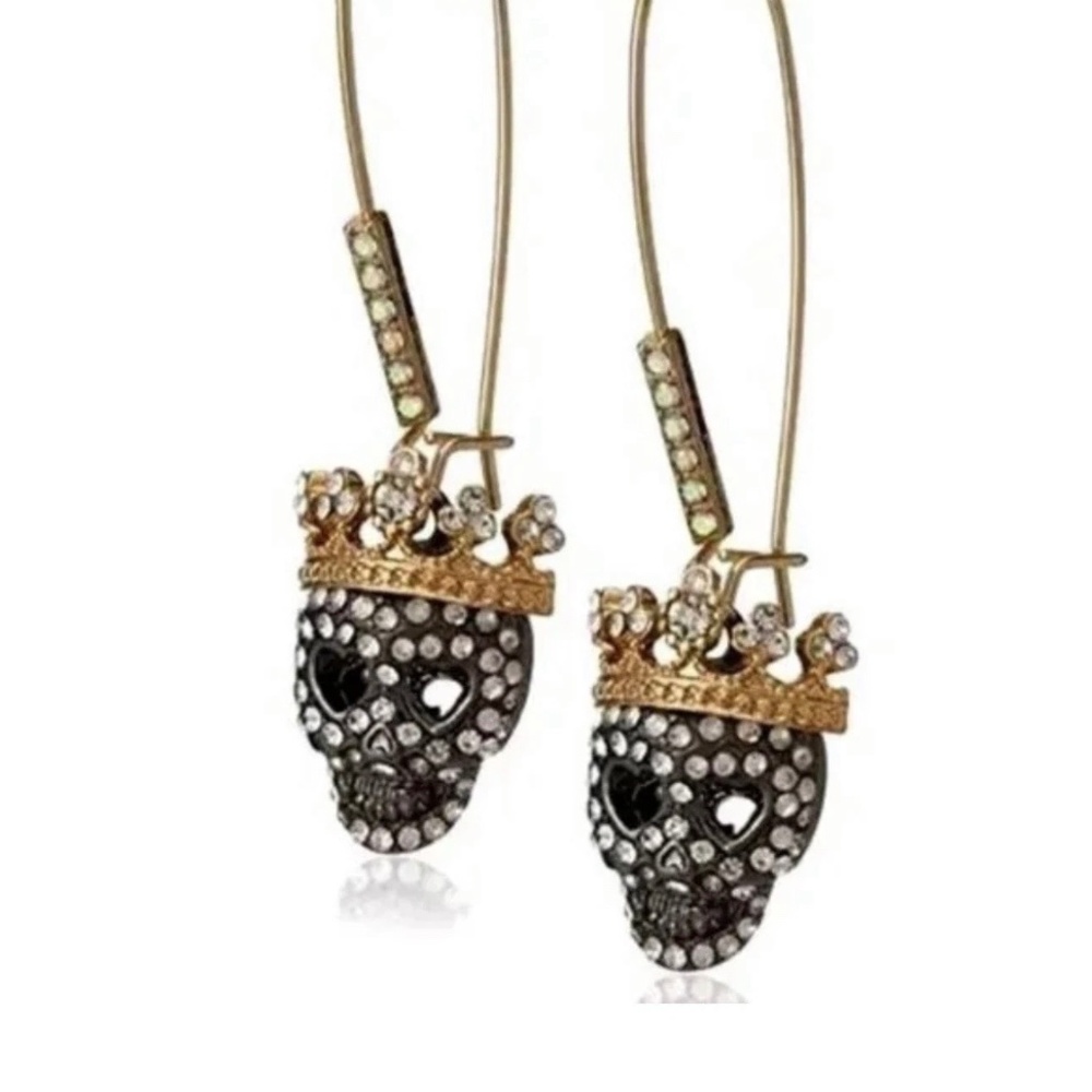 Betsey Johnson Pave Skull Dangle Earrings | Crown Detail | Edgy Glam